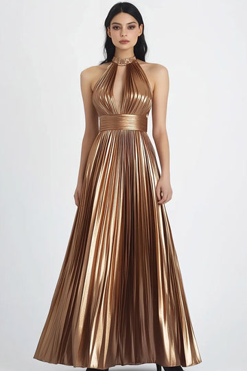 Gold Metallic Satin A Line Pleated Halter Evening Dress